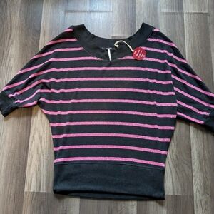 Poof! Black Knit Top with Pink Metallic Stripes